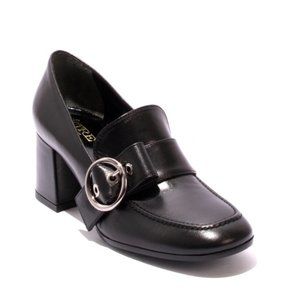 ITALIAN Black Leather Buckle Geometric Heel Shoe